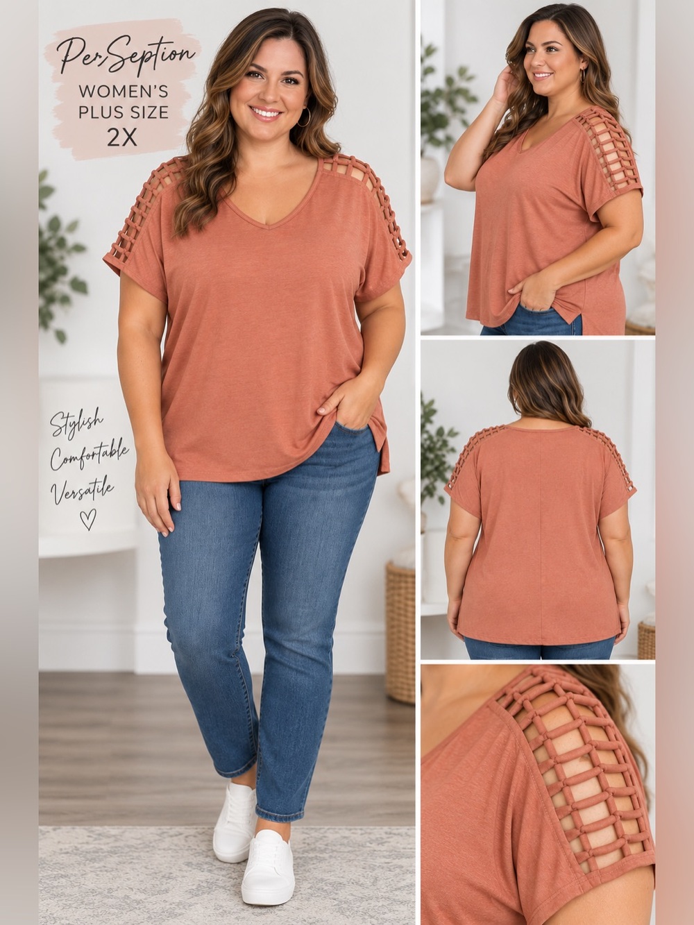 PerSeption Women Plus Size 2X Top Short Sleeve Shirt Stretch Orange Pink Color